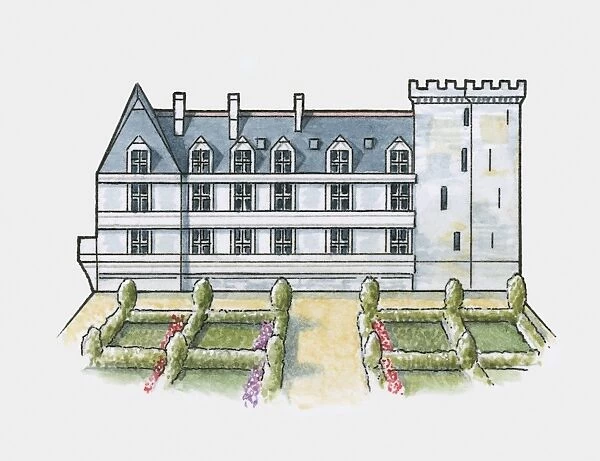 Renaissance facade and gardens of Chateau de Villandry, Loire Valley, France