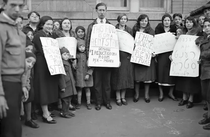 Framed Print : Rent Strikers Posing with Placards Framed Print : Rent Strikers Posing with Placards