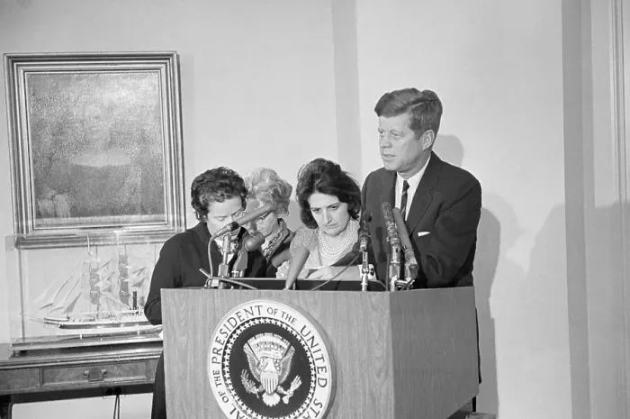 Framed Print : Reporters at Podium with President Kennedy Framed Print : Reporters at Podium with President Kennedy