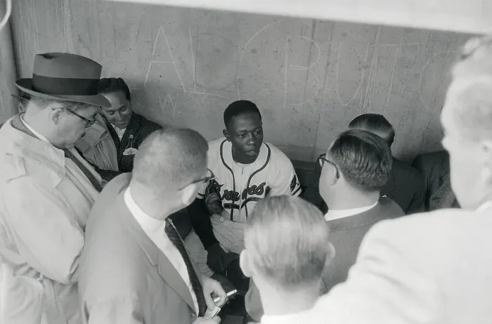 Framed Print : Reporters Talking to Hank Aaron in Dugout Framed Print : Reporters Talking to Hank Aaron in Dugout