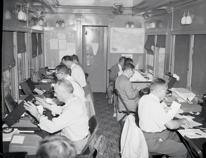 Framed Print : Reporters At Work In Press Car Framed Print : Reporters At Work In Press Car