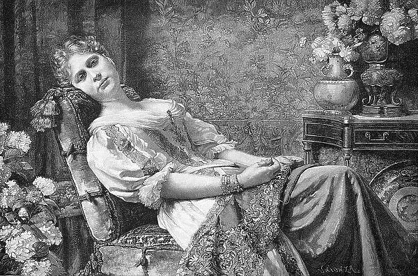 Resting, young woman sitting in an armchair in the living room on Sunday afternoon, taking a break from sewing or embroidery, 1880, Germany, Historic, digital reproduction of a 19th century original, original date unknown