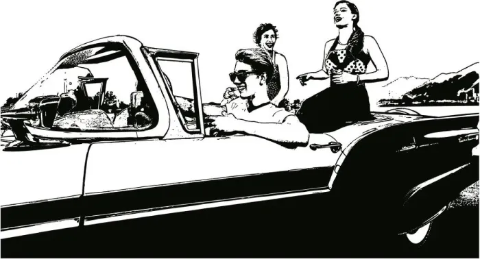 Framed Print : Retro 1950s Friends Driving in Vintage Car