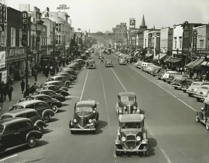 Framed Print : Retro style cars riding on street, (B&W), (Elevated view) Framed Print : Retro style cars riding on street, (B&W), (Elevated view)