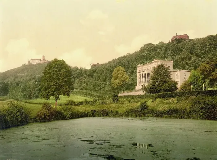 Framed Print : The Reuter Villa and Wartburg Castle near Eisenach, Thuringia, c. 1890, Germany, Historic, digitally restored reproduction from a 19th century original Framed Print : The Reuter Villa and Wartburg Castle near Eisenach, Thuringia, c. 1890, Germany, Historic, digitally restored reproduction from a 19th century original