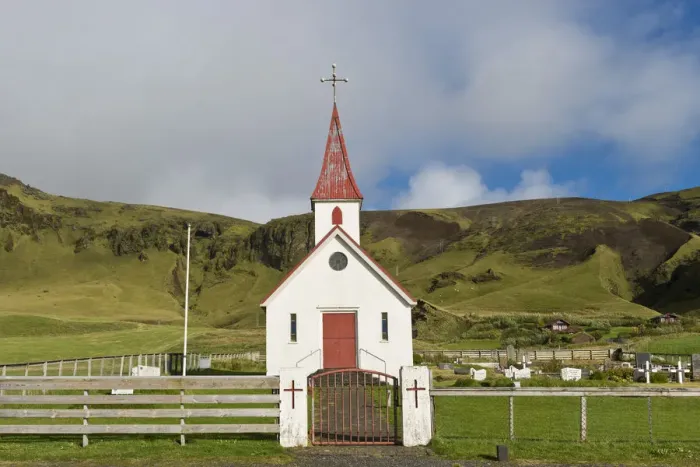 Framed Print : Reyniskirkja, church on Reynisfjara Beach near Vik i Myrdal, South Coast, Iceland