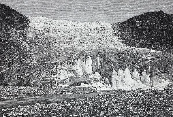 Rhone Glacier, Rottengletscher, a glacier in the Swiss Alps and the source of the Rhone, 1888, Switzerland, History, digital reproduction of an original 19th-century image