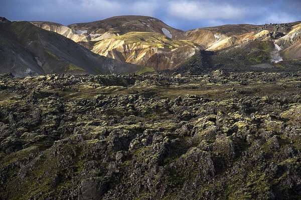 Rhyolite mountains and Laugahraun lava field, Landmannalaugar, Fjallabak Nature Reserve, Highlands of Iceland, Iceland, Europe
