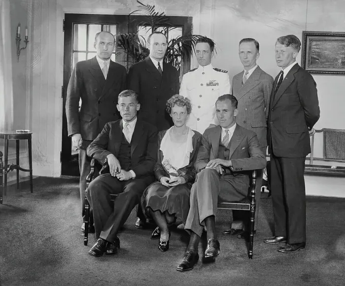 Framed Print : Richard Byrd and Amelia Earhart Posing with Others Framed Print : Richard Byrd and Amelia Earhart Posing with Others