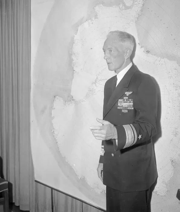 Framed Print : Richard E. Byrd in Front of Map Framed Print : Richard E. Byrd in Front of Map