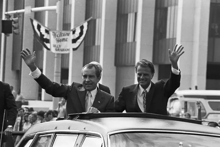 Framed Print : Richard Nixon and Billy Graham Waving to Crowd Framed Print : Richard Nixon and Billy Graham Waving to Crowd