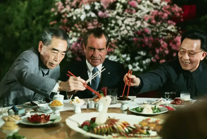Framed Print : Richard Nixon Eating with Zhou Enlai and Chang Chun-chiao