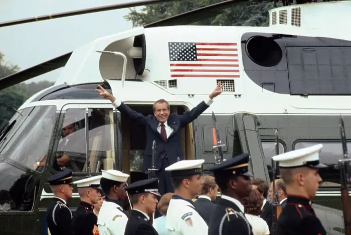 Framed Print : Richard Nixon Giving V Sign After Resignation