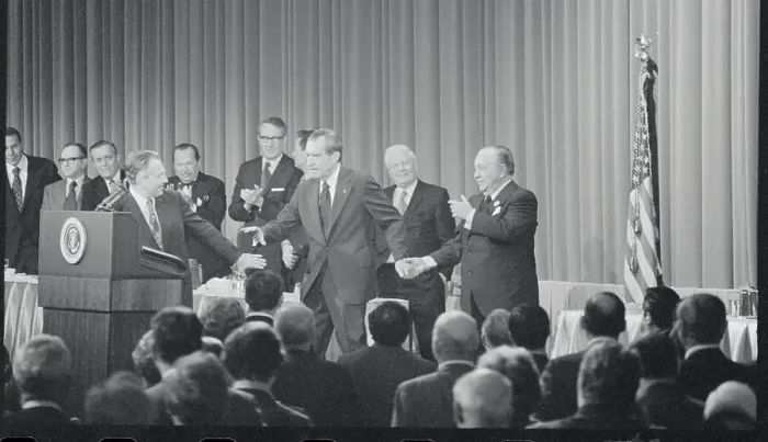 Framed Print : Richard Nixon Holding Hands with Political Leaders Framed Print : Richard Nixon Holding Hands with Political Leaders