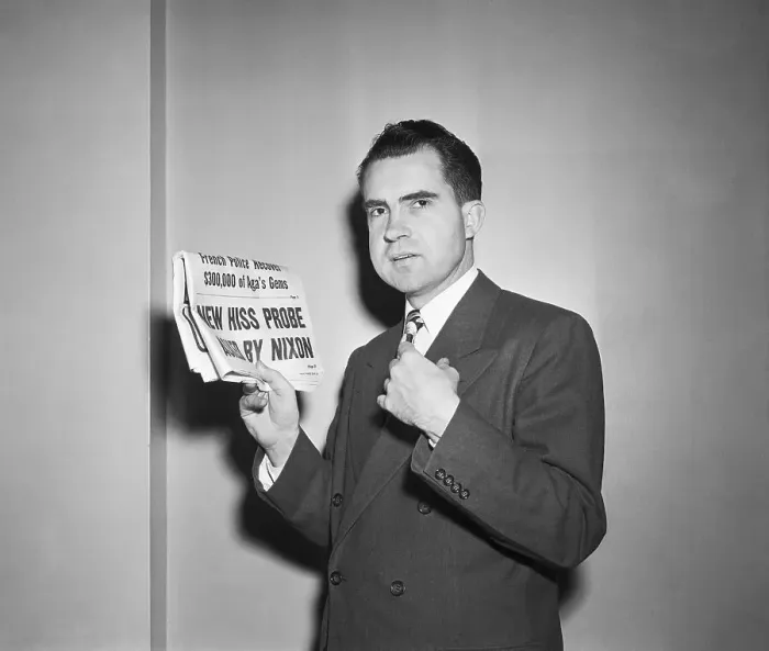 Framed Print : Richard Nixon Holding Up Newspaper Framed Print : Richard Nixon Holding Up Newspaper