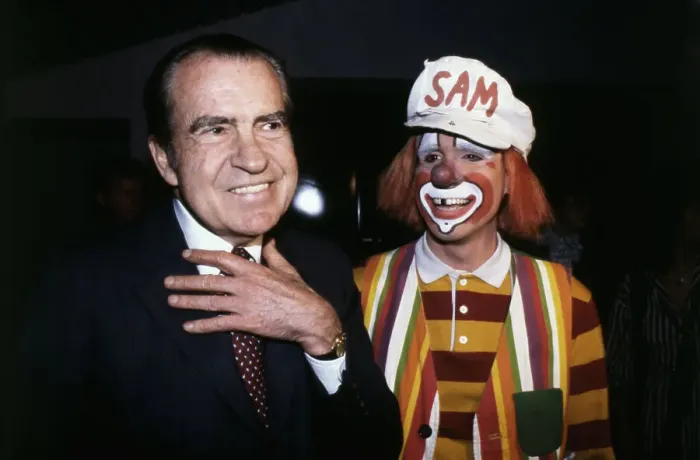 Framed Print : Richard Nixon Posing with Circus Clown Framed Print : Richard Nixon Posing with Circus Clown