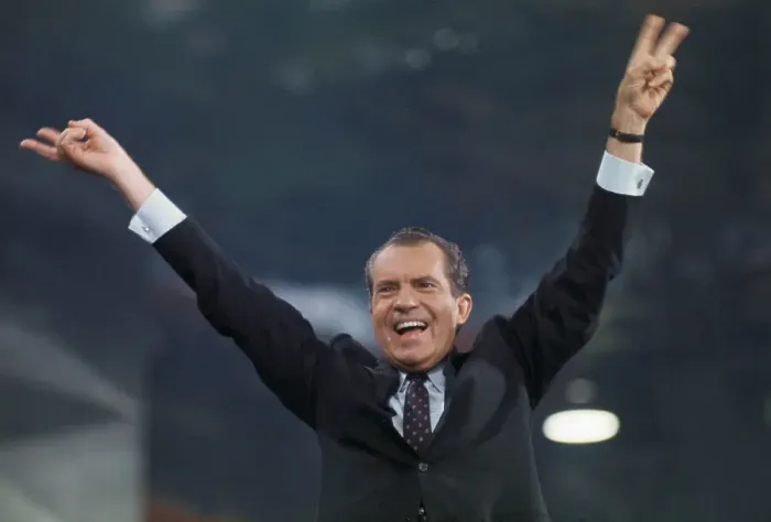 Framed Print : Richard Nixon Raising His Arms to Crowd Framed Print : Richard Nixon Raising His Arms to Crowd