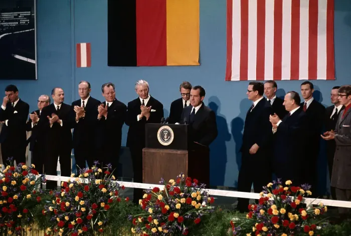 Framed Print : Richard Nixon Speaking Speaking to German Leaders Framed Print : Richard Nixon Speaking Speaking to German Leaders