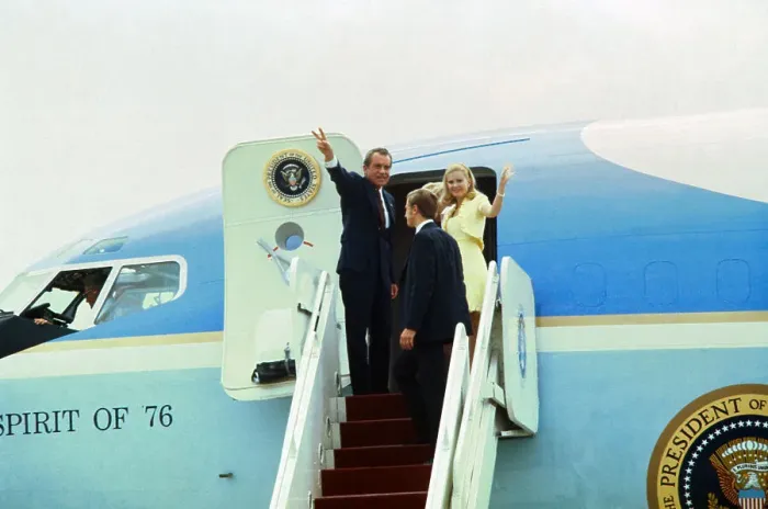 Framed Print : Richard Nixon Waving from Aircraft with Daughter Framed Print : Richard Nixon Waving from Aircraft with Daughter