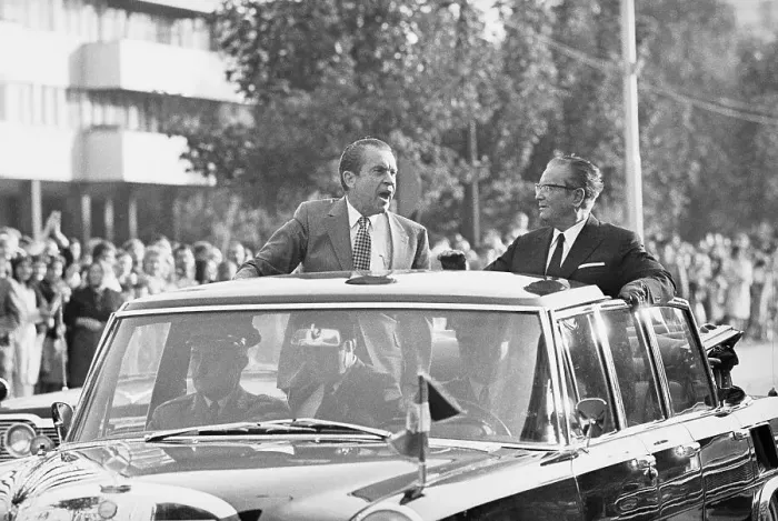 Framed Print : Richard Nixon Waving from a Car Framed Print : Richard Nixon Waving from a Car