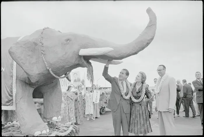 Framed Print : Richard and Pat Nixon Examining Elephant Replica While on Campaign Trail Framed Print : Richard and Pat Nixon Examining Elephant Replica While on Campaign Trail