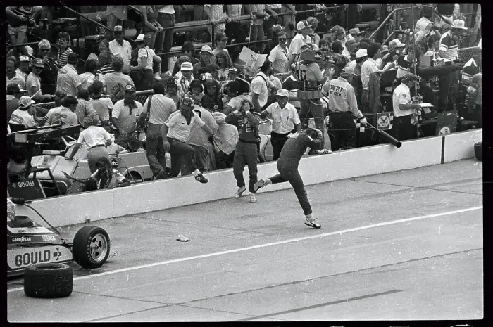 Framed Print : Rick Mears Escaping from Burning Car Framed Print : Rick Mears Escaping from Burning Car