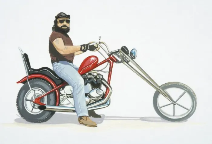 Framed Print : Rider sitting on stationary chopper bike, side view Framed Print : Rider sitting on stationary chopper bike, side view