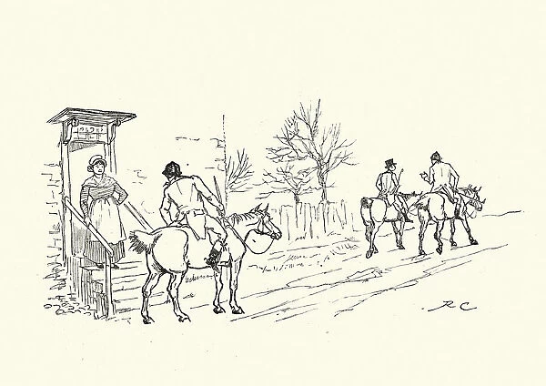 Riders leaving a traditional English country tavern, Victorian