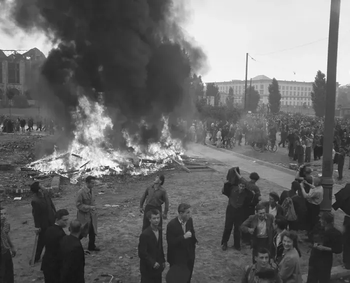 Framed Print : Rioters Burn Communist News Stand Framed Print : Rioters Burn Communist News Stand
