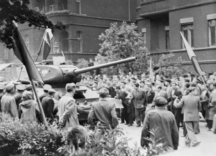 Framed Print : Rioters Surround Captured Soviet Tank Framed Print : Rioters Surround Captured Soviet Tank