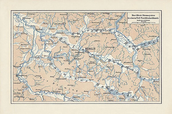 River system of Brandenburg and Saxony Anhalt, Germany, lithograph, 1900