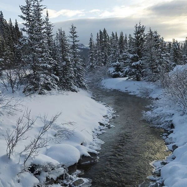 A river flowing through a snow covered landscape