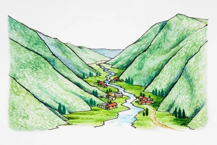Framed Print : River and houses at bottom of valley Framed Print : River and houses at bottom of valley