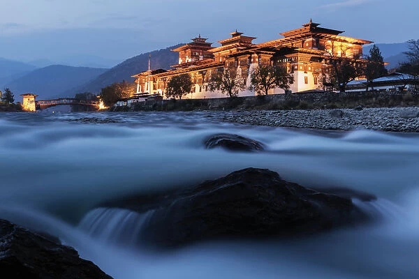River and illuminated buildings, Punakha, Punakha District, Bhutan