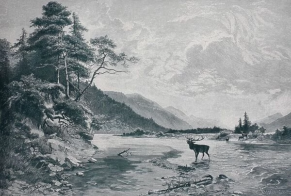 The River Isar near Wallgau, Bavaria, Germany, Historic, digital reproduction of an original 19th-century painting