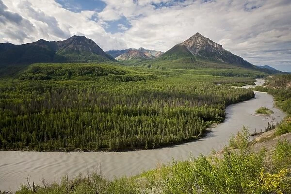River landscape, Matanuska River with King Mountain, Alaska, USA, North America