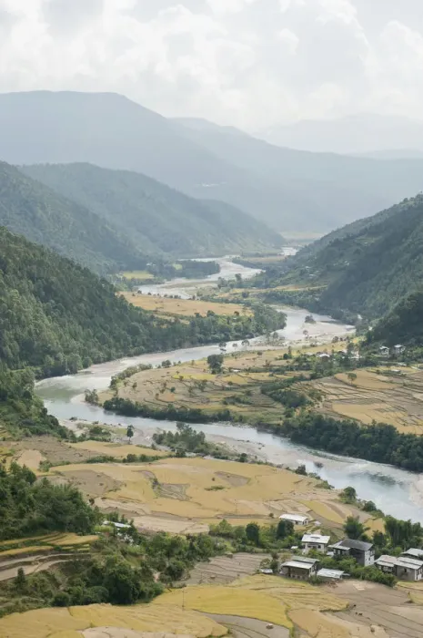 Framed Print : River landscape, river meandering through a valley, near Punakha, the Himalayas, Bhutan Framed Print : River landscape, river meandering through a valley, near Punakha, the Himalayas, Bhutan