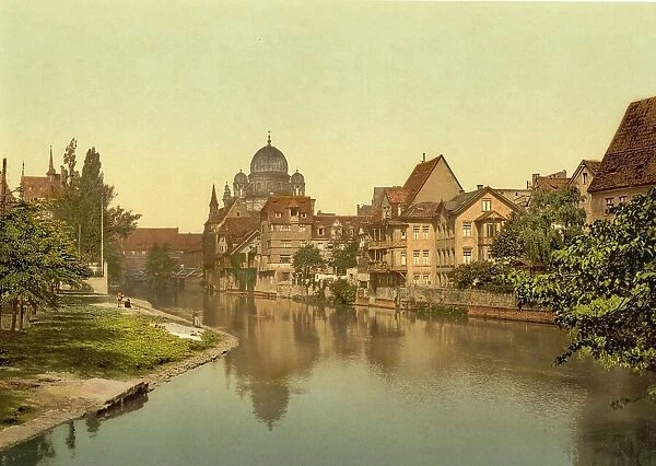 River Pegnitz and Synagogue, Nuremberg, Bavaria, Germany, Historic, digitally restored reproduction of a photochrome print from the 1890s