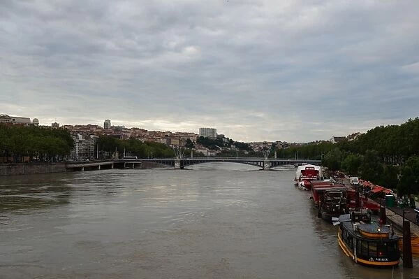 River RhA┼¢ne at Dusk, Boats and Skyline, Lyon, France