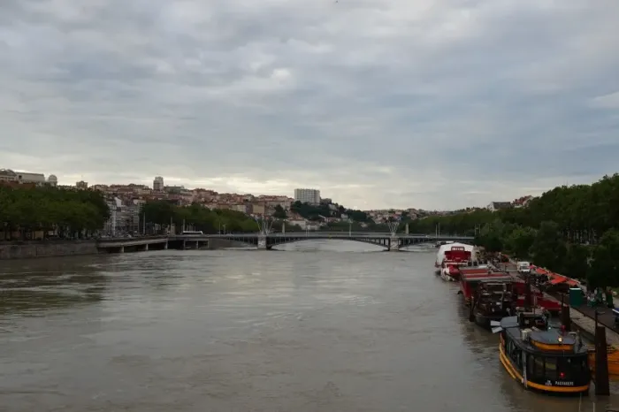 Framed Print : River RhA┼¢ne at Dusk, Boats and Skyline, Lyon, France