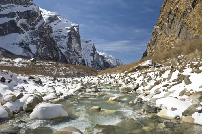 Framed Print : River in snowy mountain landscape Framed Print : River in snowy mountain landscape