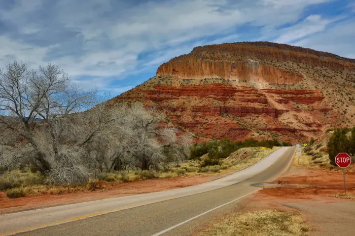 Framed Print : Road and rock formation in Jemez Valley, New Mexico, USA