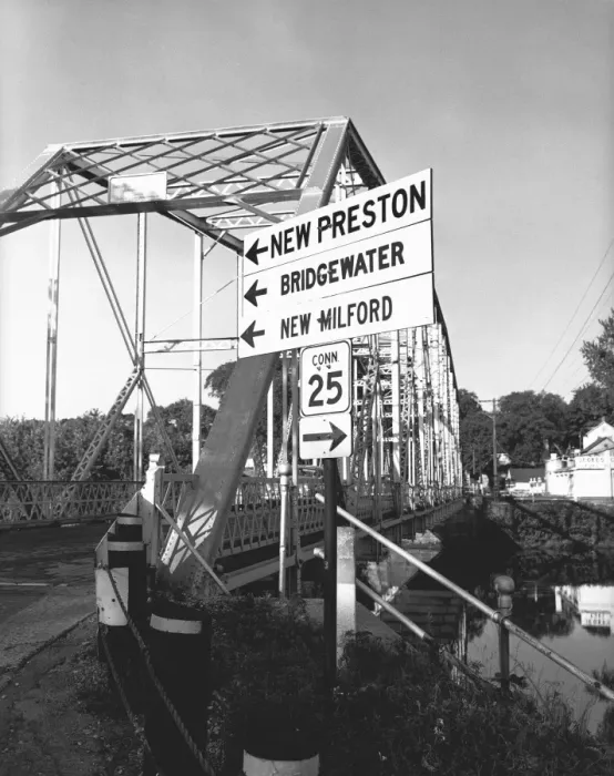 Framed Print : Road sign at bridge, (B&W)
