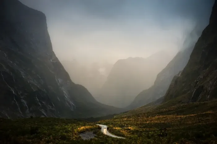 Framed Print : Road in valley to milfordsound Framed Print : Road in valley to milfordsound