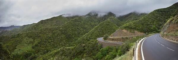 Road winding from the forest to the valley of Vallehermoso, La Gomera, Canary Islands, Spain