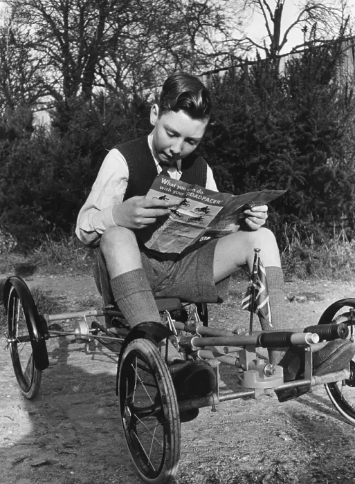 Framed Print : Roadpacer. 18th January 1947: A schoolboy sits on his new Roadpacer go Framed Print : Roadpacer. 18th January 1947: A schoolboy sits on his new Roadpacer go