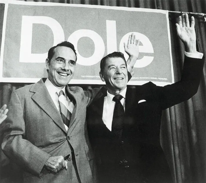 Framed Print : Robert Dole and Ronald Reagan Waving
