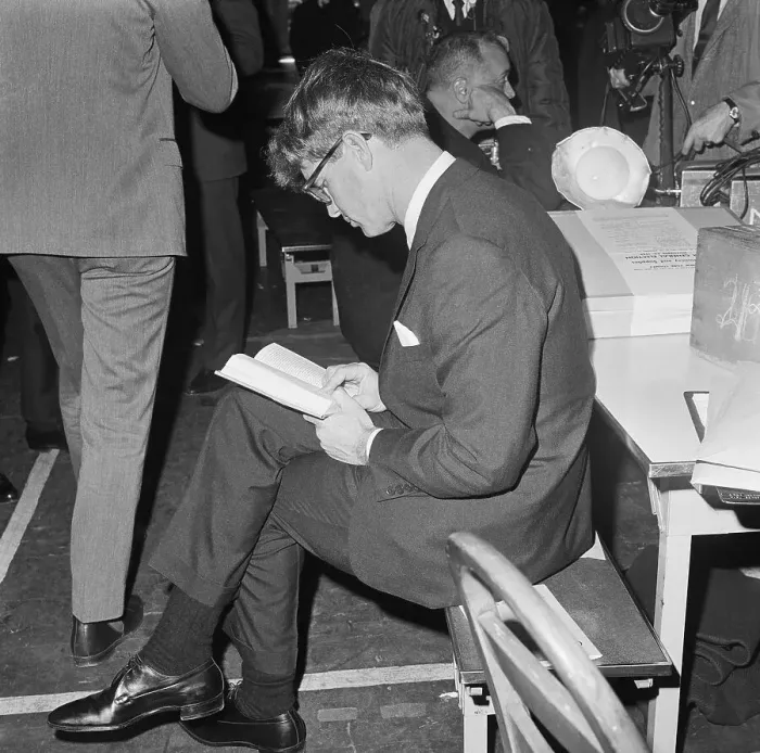 Framed Print : Robert F. Kennedy Wearing Eyeglasses and Sitting to Read Framed Print : Robert F. Kennedy Wearing Eyeglasses and Sitting to Read