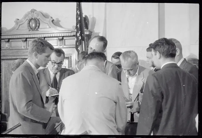 Framed Print : Robert Kennedy Speaking with Reporters