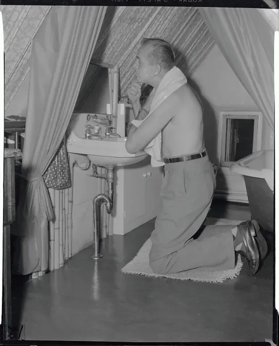 Framed Print : Robert Loomis Shaving in His Miniature Cottage Framed Print : Robert Loomis Shaving in His Miniature Cottage